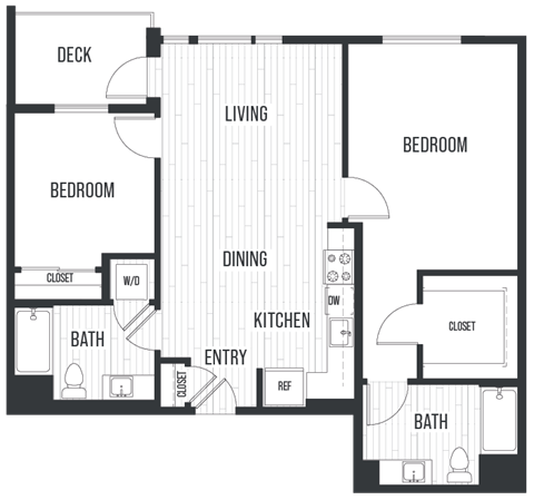 Floor plan 2F. Two bedroom, two bath at Sixth & Jackson Apartments in Japantown, San Jose.